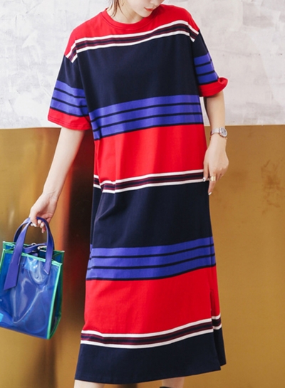 Striped Short Sleeve Round Neck Loose Slit Shirt Dress YOUYOUFASHIONEC.com