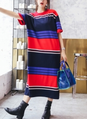 Striped Short Sleeve Round Neck Loose Slit Shirt Dress