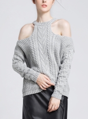 Off Shoulder Round Neck Long Sleeve Loose Solid Color Sweater
