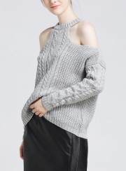 Off Shoulder Round Neck Long Sleeve Loose Solid Color Sweater