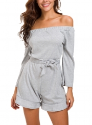 Casual Off Shoulder Long Sleeve Wide Leg Solid Color Romper With Belt