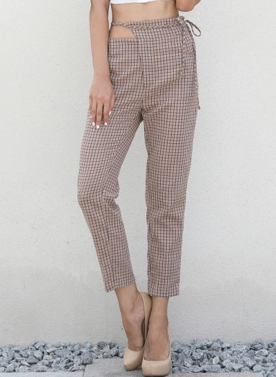 Casual High Waist Bow Tie Plaid Pencil Pants With Pockets