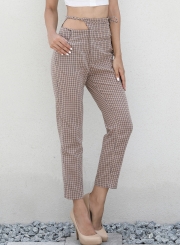 Casual High Waist Bow Tie Plaid Pencil Pants With Pockets