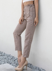 Casual High Waist Bow Tie Plaid Pencil Pants With Pockets