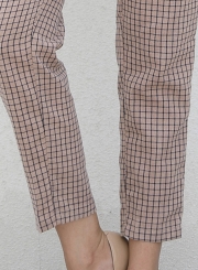 Casual High Waist Bow Tie Plaid Pencil Pants With Pockets