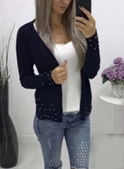 Soft Long Sleeve Open Front Black Cardigan With Beading