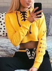 Yellow Lace up Crop Top Loose Hoodie