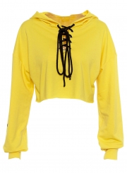 Yellow Lace up Crop Top Loose Hoodie