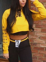 Yellow Lace up Crop Top Loose Hoodie