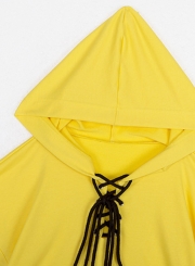 Yellow Lace up Crop Top Loose Hoodie