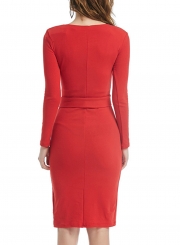 Red Long Sleeve Round Neck Slit Slim Dress With Belt