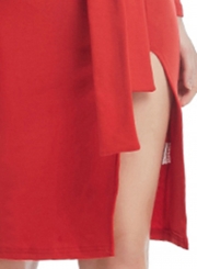 Red Long Sleeve Round Neck Slit Slim Dress With Belt