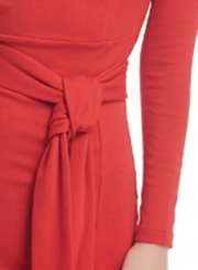 Red Long Sleeve Round Neck Slit Slim Dress With Belt