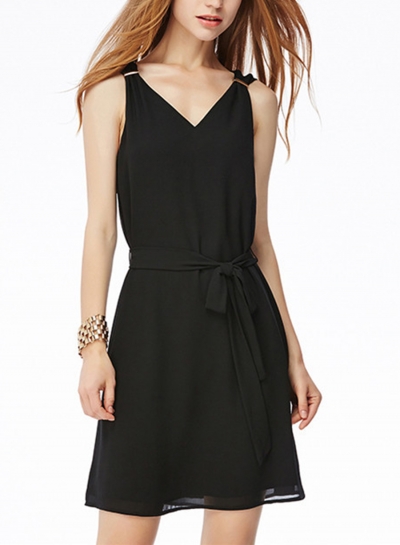 Sleeveless Black Chiffon Dress With Belt