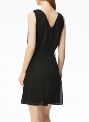 Sleeveless Black Chiffon Dress With Belt