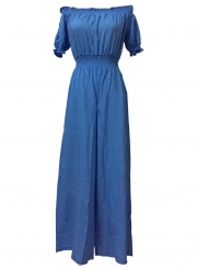 Blue Off Shoulder Short Sleeve Wide Leg Jumpsuit