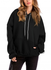 Hooded Long Sleeve Color Block Fleece Loose Pocket Hoodie