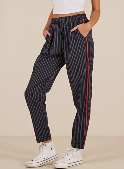 Side Red Striped Trim Black Striped Pants With Pockets