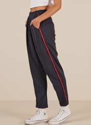 Side Red Striped Trim Black Striped Pants With Pockets