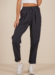 Side Red Striped Trim Black Striped Pants With Pockets