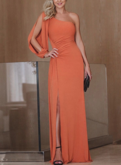Orange One Shoulder Slit  Asymmetric Maxi Dress LEXELFASHIONINTSHOPS.com