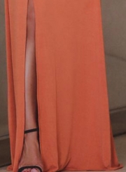 Orange One Shoulder Slit  Asymmetric Maxi Dress