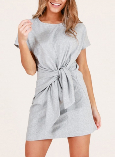 Grey Loose Round Neck Short Sleeve Front Tie A-line Dress STYLESIMO.com