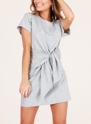 Grey Loose Round Neck Short Sleeve Front Tie A-line Dress