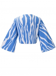 Summer Striped Long Sleeve V Neck Bow Tie Crop Top Blouse