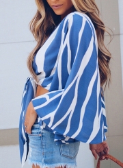 Summer Striped Long Sleeve V Neck Bow Tie Crop Top Blouse