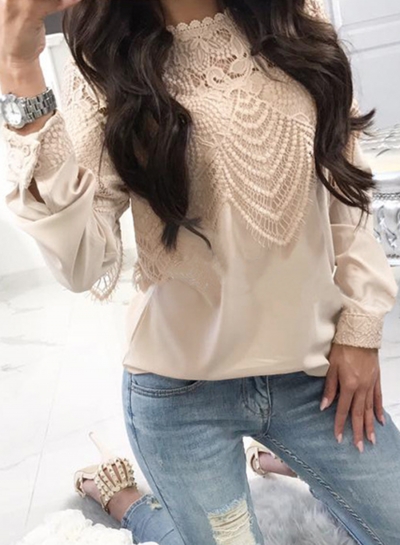 Casual Lace Hollow Out Round Neck Long Sleeve Loose Pullover Blouse YOUYOUFASHIONEC.com