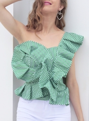 Green Striped One Shoulder Sleeveless Backless Slim Ruffle Blouse With Zip