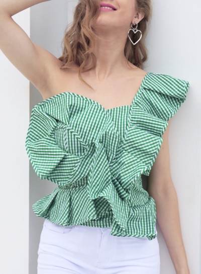 Green Striped One Shoulder Sleeveless Backless Slim Ruffle Blouse With Zip YOUYOUFASHIONEC.com