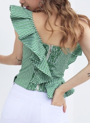 Green Striped One Shoulder Sleeveless Backless Slim Ruffle Blouse With Zip