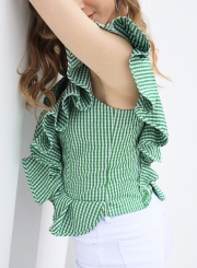 Green Striped One Shoulder Sleeveless Backless Slim Ruffle Blouse With Zip