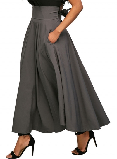 Grey Solid High Waist Pockets Bow Tie Pleated Swing Long Skirts LEXELFASHIONINTSHOPS.com