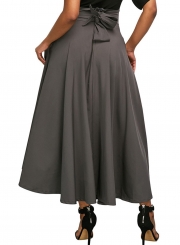 Grey Solid High Waist Pockets Bow Tie Pleated Swing Long Skirts