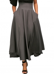 Grey Solid High Waist Pockets Bow Tie Pleated Swing Long Skirts