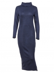 Navy High Neck Long Sleeve Slit Bodycon Dress