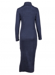 Navy High Neck Long Sleeve Slit Bodycon Dress