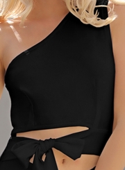 Black One Shoulder Sleeveless Cropped Bow Tie Wide Leg Jumpsuit
