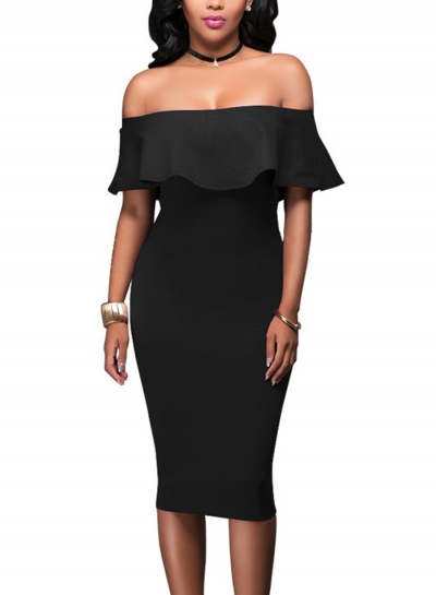 Black Off Shoulder Short Sleeve Ruffle Bodycon Midi Dress YOUYOUFASHIONEC.com