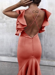 Orange Sexy Spaghetti Strap V Neck Backless Ruffle Midi Dress