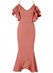 Orange Sexy Spaghetti Strap V Neck Backless Ruffle Midi Dress