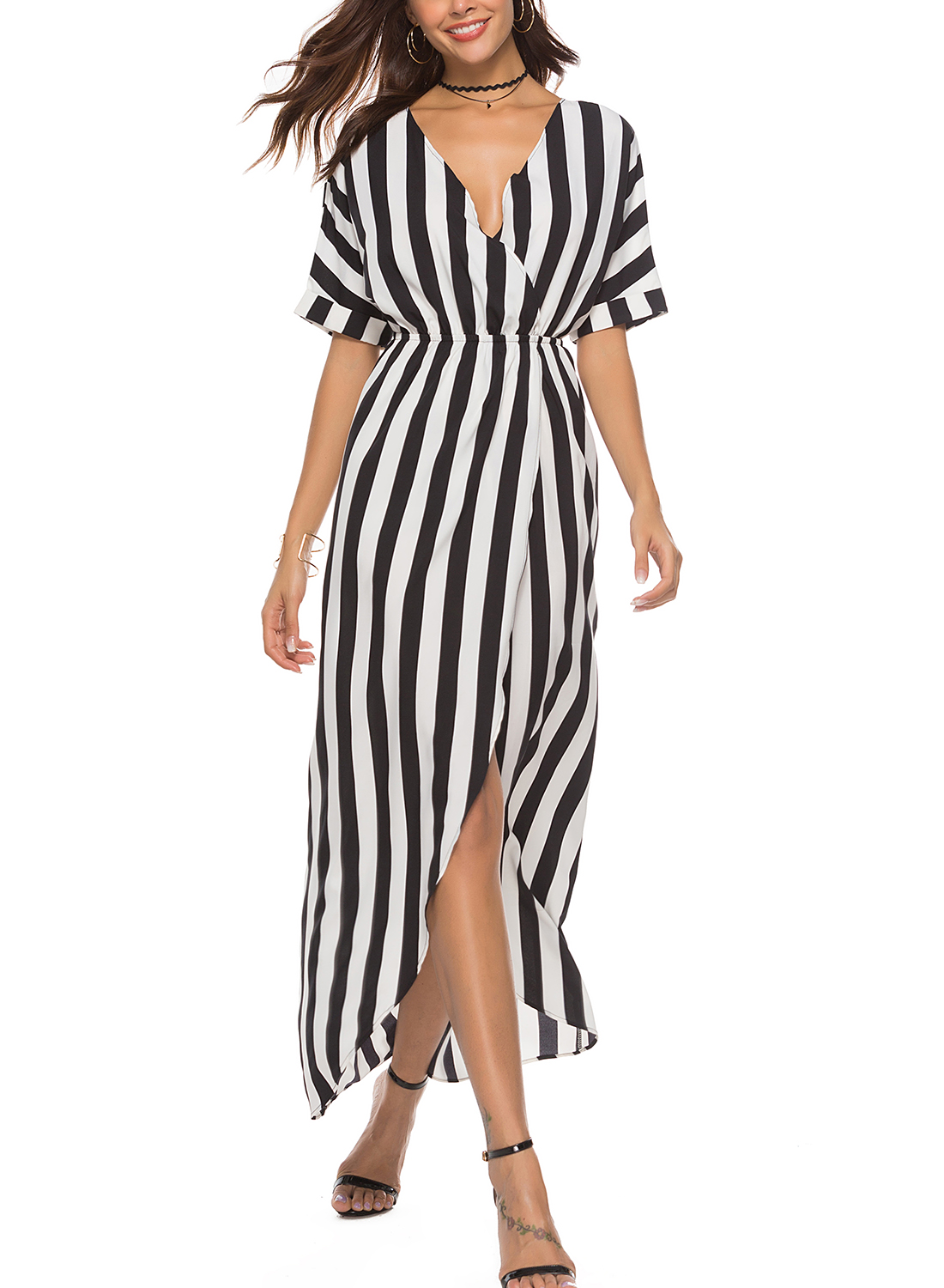 black and white striped long dress