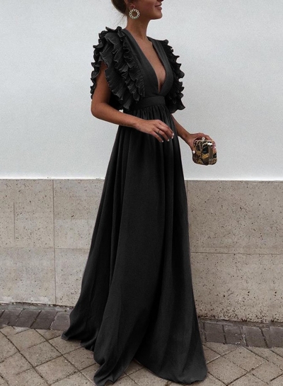 Black V Neck Flying Sleeve Elastic Waist Maxi party Dress LZDINTECOMMERCE.com