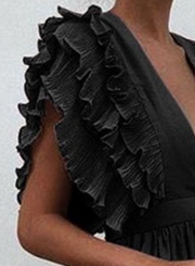 Black V Neck Flying Sleeve Elastic Waist Maxi party Dress