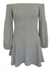 Grey Off Shoulder Elastic Waist Swing Dress