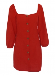 Red Casual Square Neck 3/4 Sleeve Solid Color Button Down Mini Dress