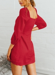 Red Casual Square Neck 3/4 Sleeve Solid Color Button Down Mini Dress